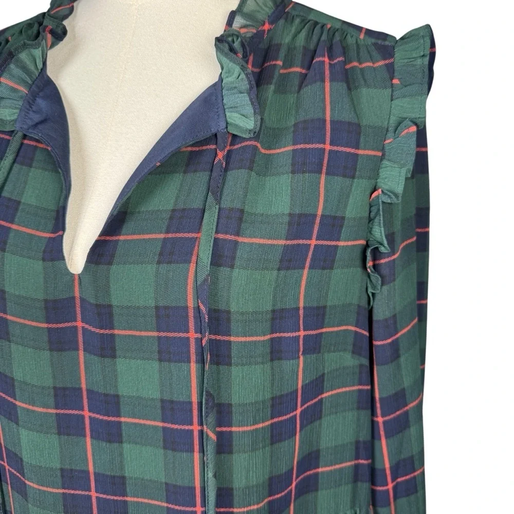 J.Crew Tartan Plaid Tiered Dress XL Green Blue Ruffle Tie Neck Long Sleeve